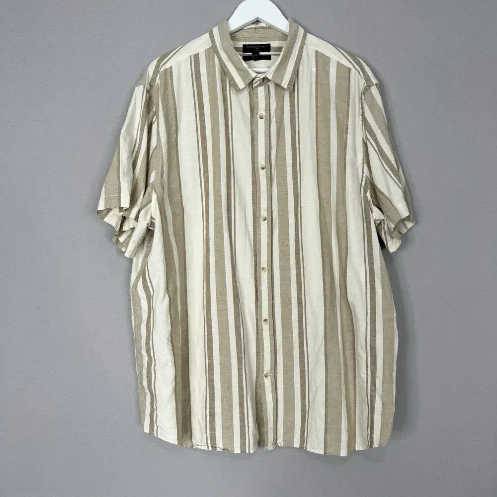 Banana Republic Mens Shirt XXL Tan Linen Blend Striped Slim Fit Old Money Preppy